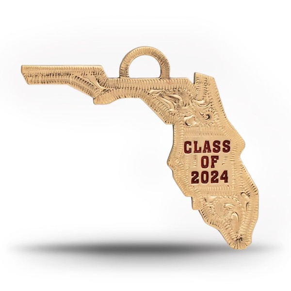 A custom silver tassel charm for 2024 graduates, designed for memorial caps, featuring a Florida State Shape